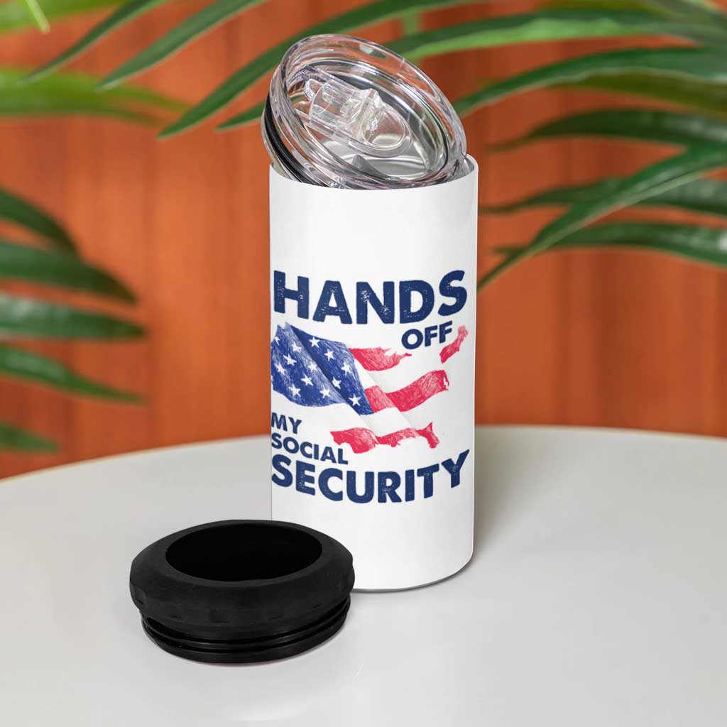 Hands Off My Social Security 4 in 1 Can Cooler Tumbler Patriotic USA Retirement Protection American Flag