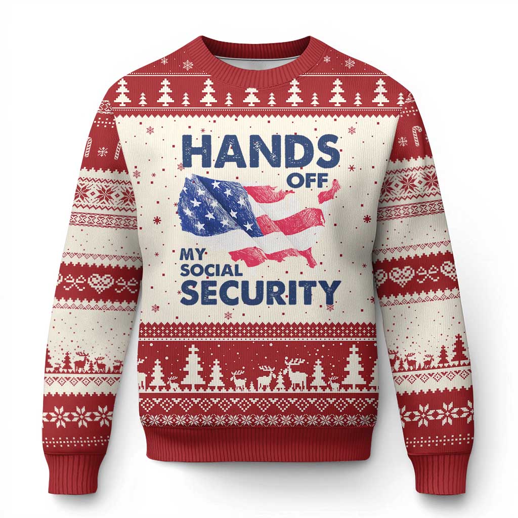 Hands Off My Social Security Ugly Christmas Sweater Patriotic USA Retirement Protection American Flag - Wonder Print Shop