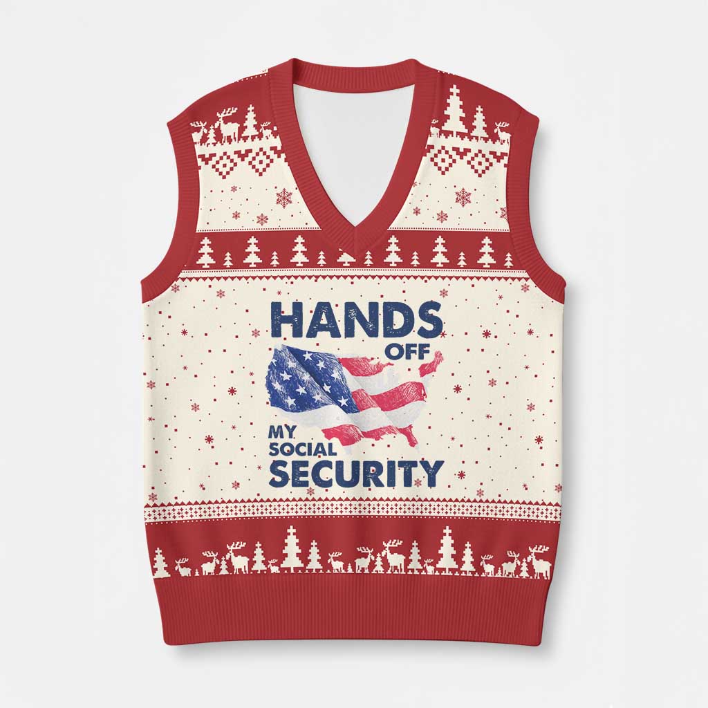 Hands Off My Social Security V-Neck Knit Sweater Vest Patriotic USA Retirement Protection American Flag - Wonder Print Shop