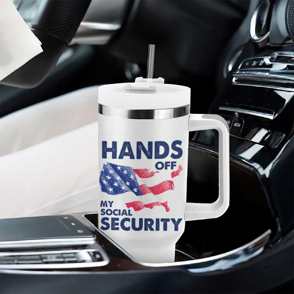 Hands Off My Social Security Tumbler With Handle Patriotic USA Retirement Protection American Flag