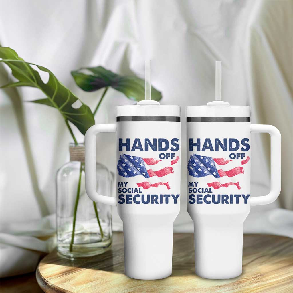 Hands Off My Social Security Tumbler With Handle Patriotic USA Retirement Protection American Flag