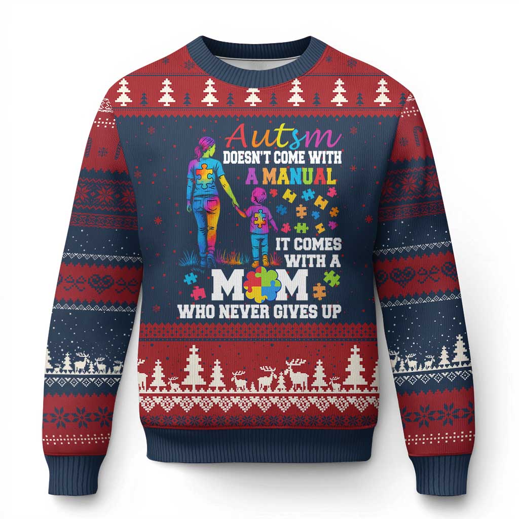 Autism Mom Ugly Christmas Sweater Who Never Gives Up Family Support Autistic - Wonder Print Shop