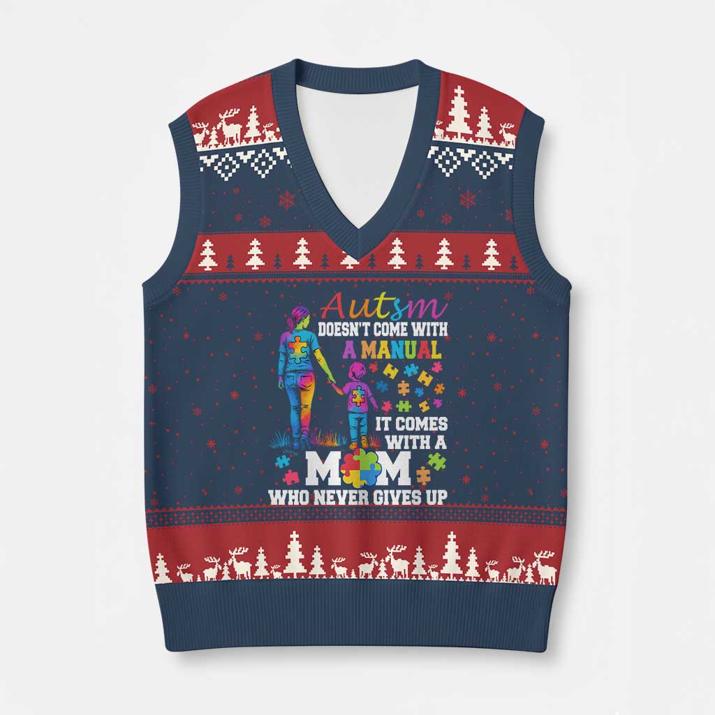 Autism Mom V-Neck Knit Sweater Vest Who Never Gives Up Family Support Autistic - Wonder Print Shop