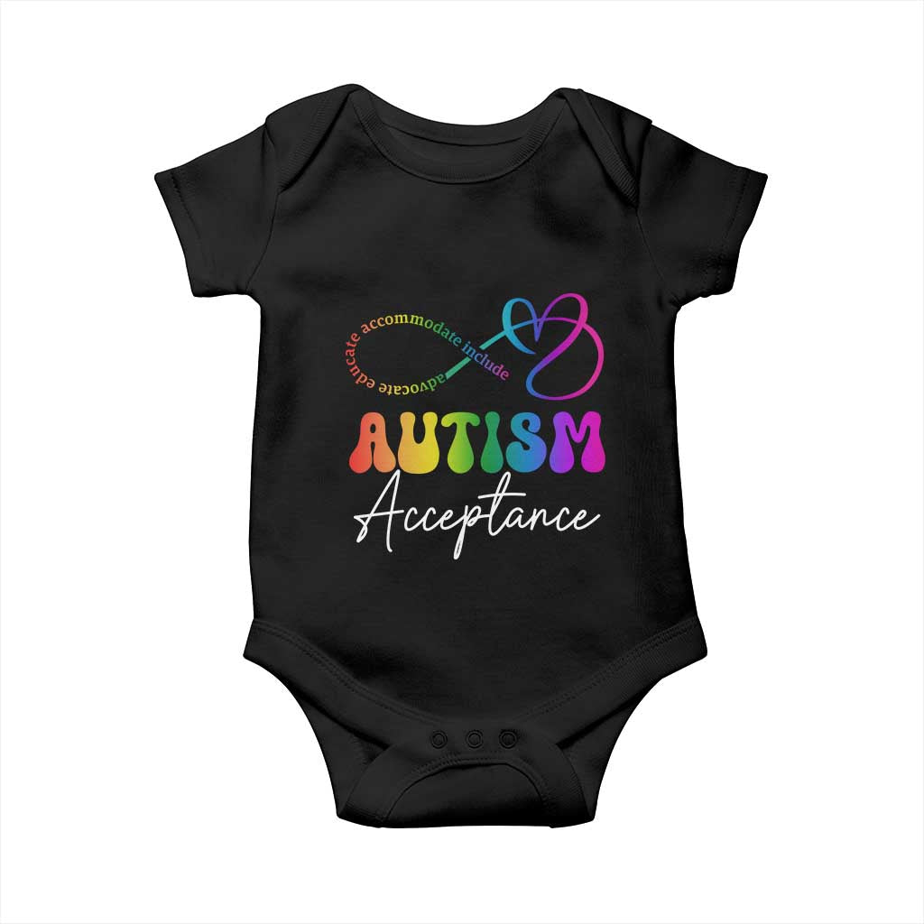 Autism Acceptance Baby Onesie Advocate Educate Accomodate Include Rainbow Infinity Symbol