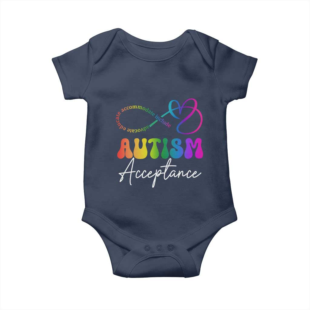 Autism Acceptance Baby Onesie Advocate Educate Accomodate Include Rainbow Infinity Symbol