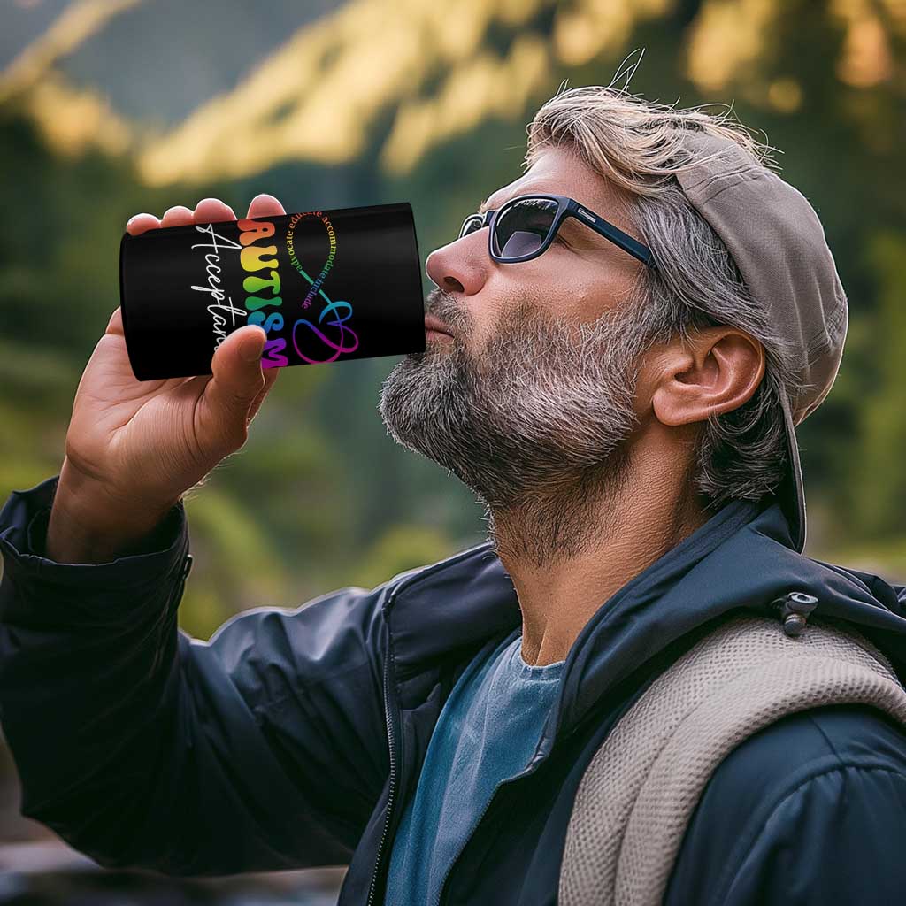 Autism Acceptance 4 in 1 Can Cooler Tumbler Advocate Educate Accomodate Include Rainbow Infinity Symbol