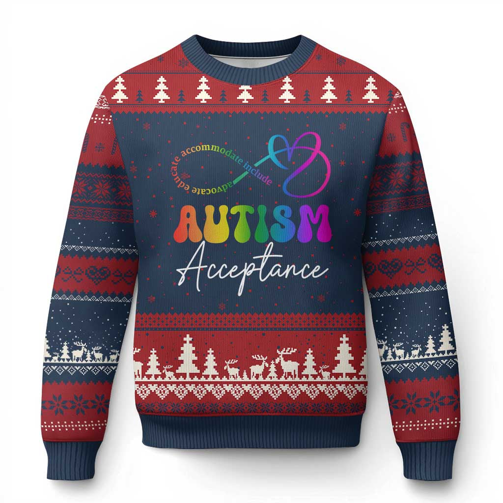 Autism Acceptance Ugly Christmas Sweater Advocate Educate Accomodate Include Rainbow Infinity Symbol - Wonder Print Shop