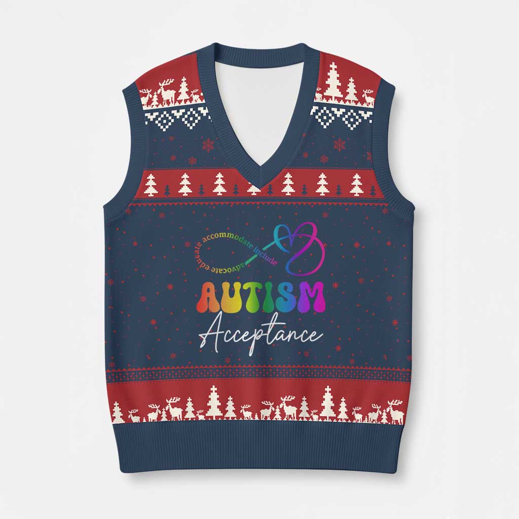 Autism Acceptance V-Neck Knit Sweater Vest Advocate Educate Accomodate Include Rainbow Infinity Symbol - Wonder Print Shop