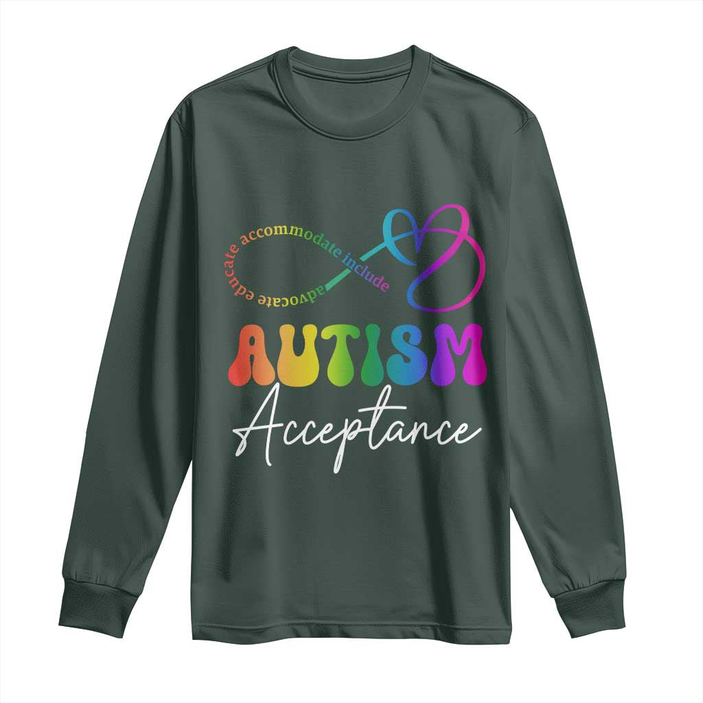 Autism Acceptance Long Sleeve Shirt Advocate Educate Accomodate Include Rainbow Infinity Symbol