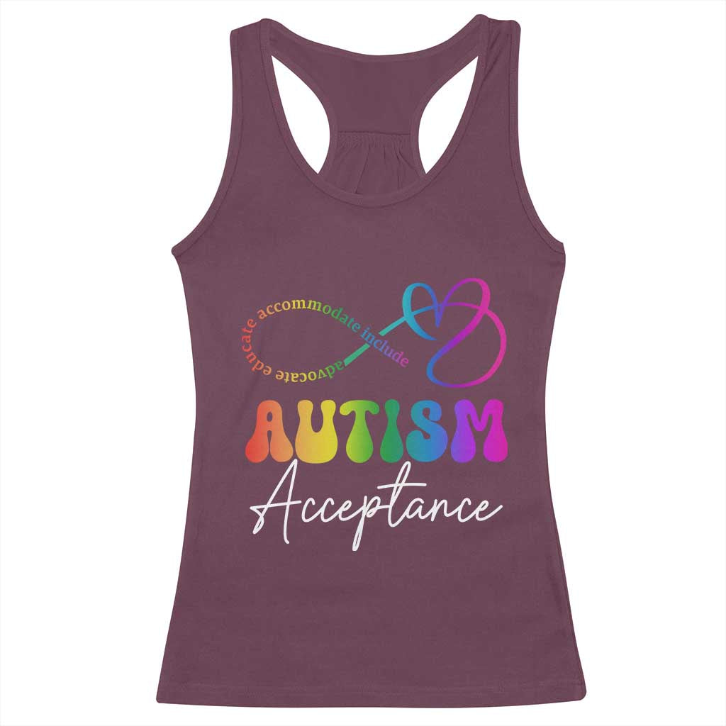 Autism Acceptance Racerback Tank Top Advocate Educate Accomodate Include Rainbow Infinity Symbol