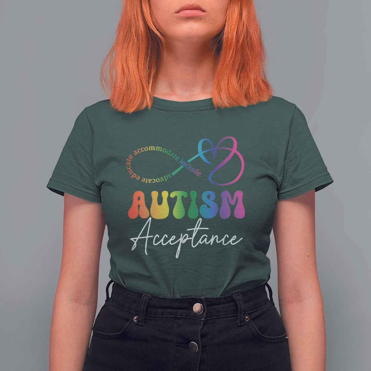 Autism Acceptance T Shirt For Women Advocate Educate Accomodate Include Rainbow Infinity Symbol