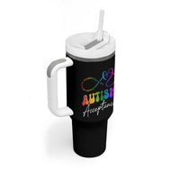 Autism Acceptance Tumbler With Handle Advocate Educate Accomodate Include Rainbow Infinity Symbol