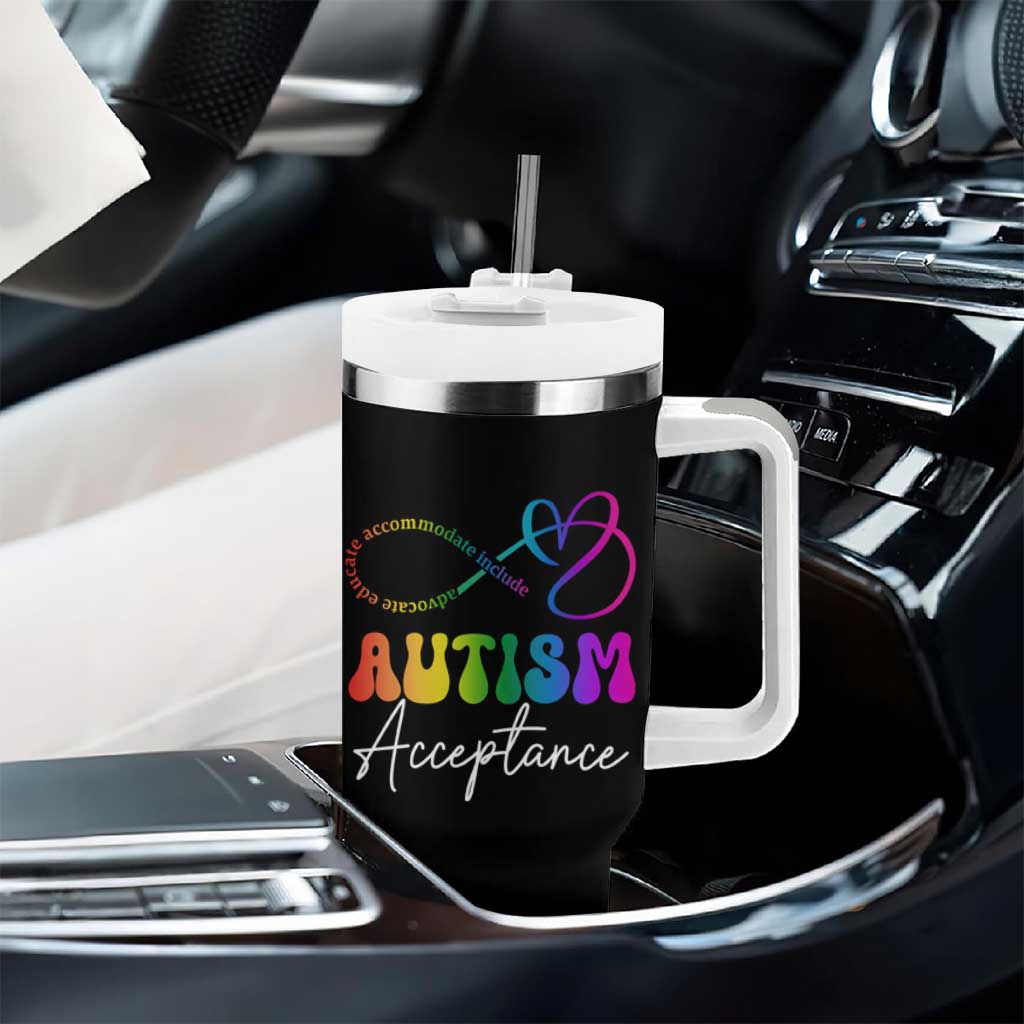 Autism Acceptance Tumbler With Handle Advocate Educate Accomodate Include Rainbow Infinity Symbol