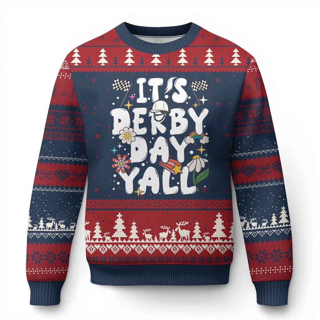 It's Derby Day Y'All Ugly Christmas Sweater Retro Groovy KY Horse Racing