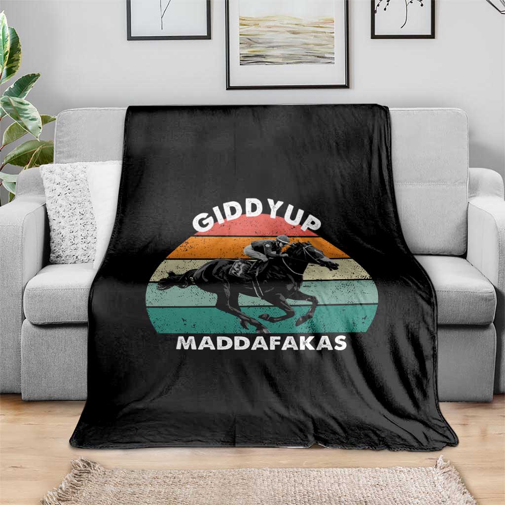 Giddy Up Madafakas Retro Sunset Horse Racing Throw Blanket Funny Sarcastic Equestrian Jockey Vintage 70s