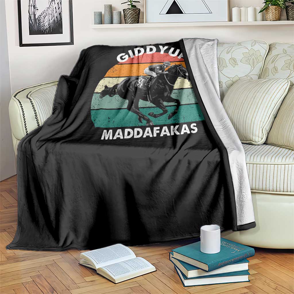 Giddy Up Madafakas Retro Sunset Horse Racing Throw Blanket Funny Sarcastic Equestrian Jockey Vintage 70s