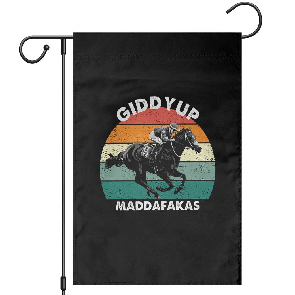 Giddy Up Madafakas Retro Sunset Horse Racing Garden Flag Funny Sarcastic Equestrian Jockey Vintage 70s