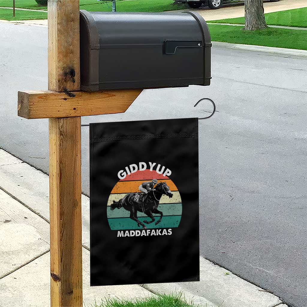 Giddy Up Madafakas Retro Sunset Horse Racing Garden Flag Funny Sarcastic Equestrian Jockey Vintage 70s