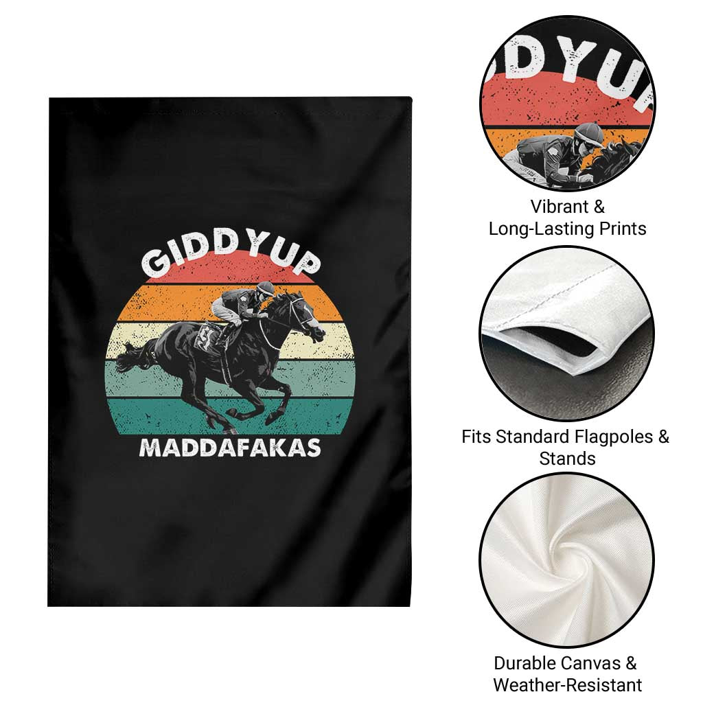 Giddy Up Madafakas Retro Sunset Horse Racing Garden Flag Funny Sarcastic Equestrian Jockey Vintage 70s