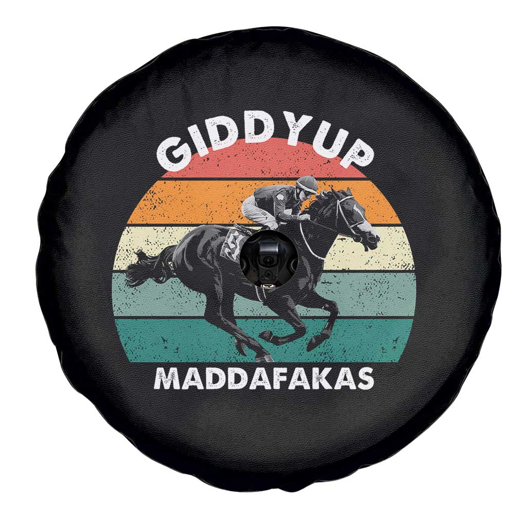 Giddy Up Madafakas Retro Sunset Horse Racing Spare Tire Cover Funny Sarcastic Equestrian Jockey Vintage 70s
