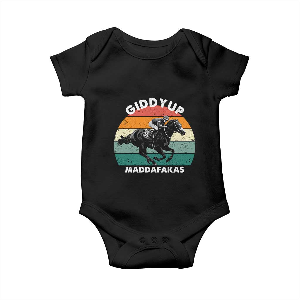 Giddy Up Madafakas Retro Sunset Horse Racing Baby Onesie Funny Sarcastic Equestrian Jockey Vintage 70s
