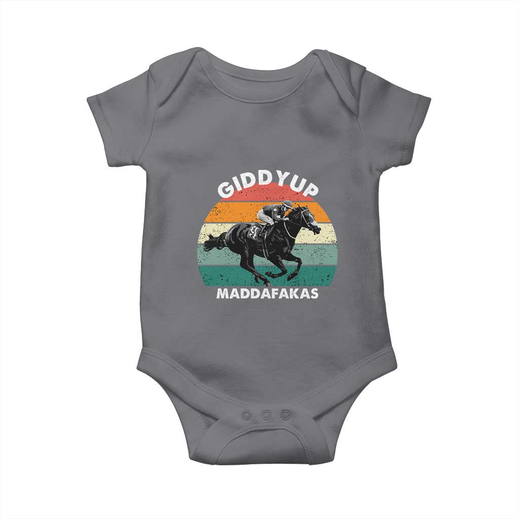 Giddy Up Madafakas Retro Sunset Horse Racing Baby Onesie Funny Sarcastic Equestrian Jockey Vintage 70s