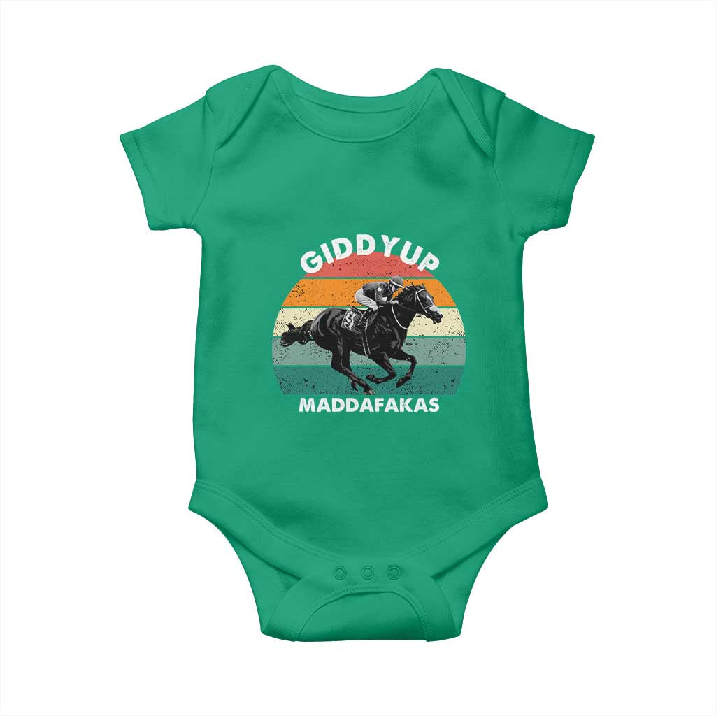 Giddy Up Madafakas Retro Sunset Horse Racing Baby Onesie Funny Sarcastic Equestrian Jockey Vintage 70s