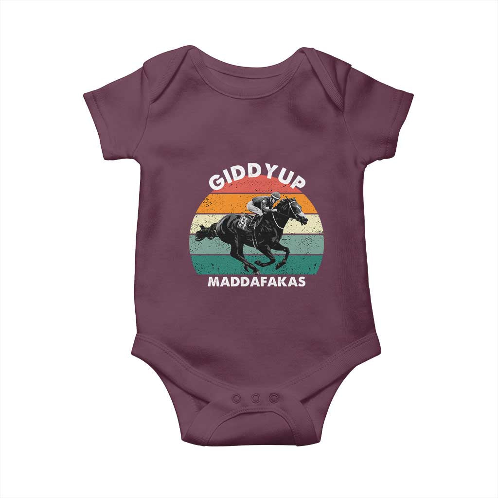 Giddy Up Madafakas Retro Sunset Horse Racing Baby Onesie Funny Sarcastic Equestrian Jockey Vintage 70s