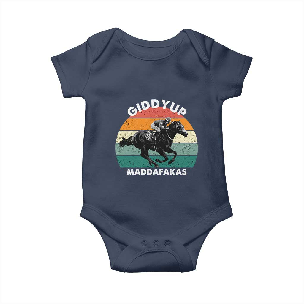 Giddy Up Madafakas Retro Sunset Horse Racing Baby Onesie Funny Sarcastic Equestrian Jockey Vintage 70s