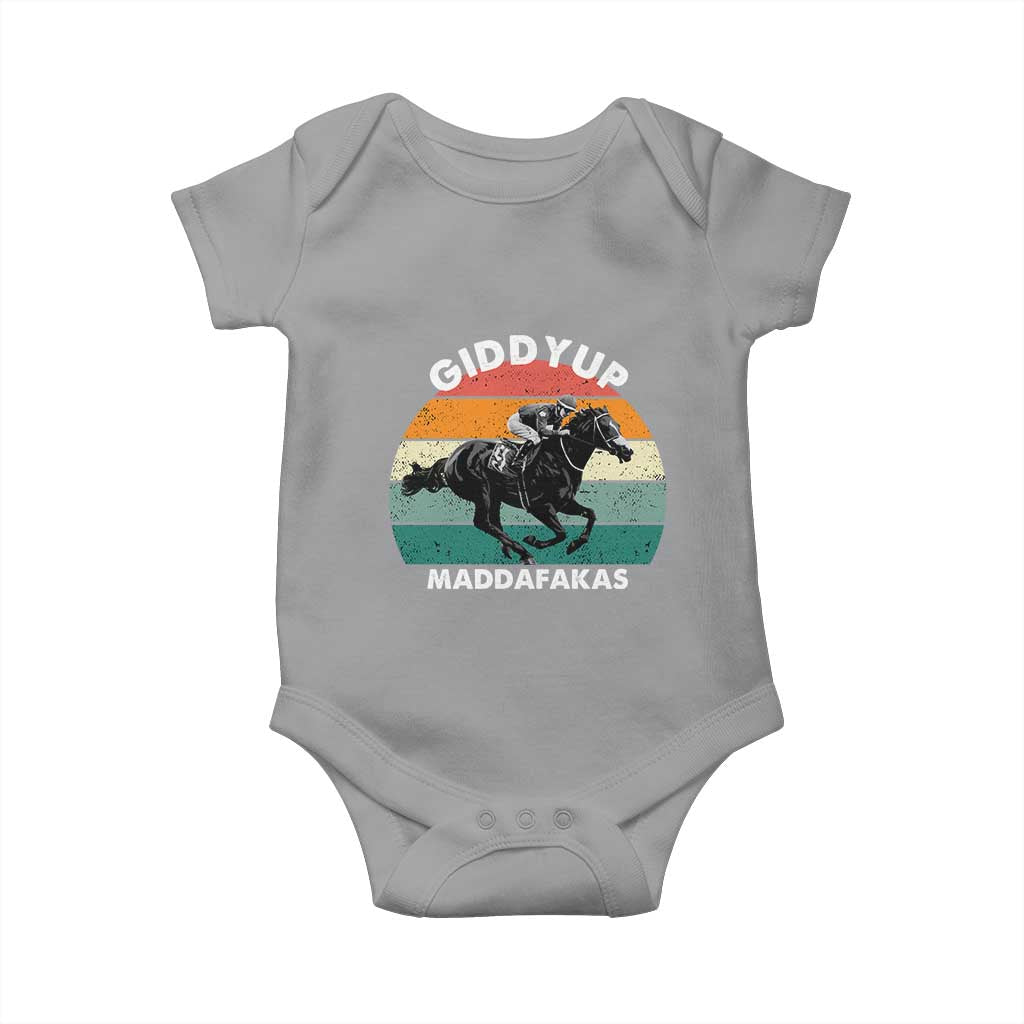 Giddy Up Madafakas Retro Sunset Horse Racing Baby Onesie Funny Sarcastic Equestrian Jockey Vintage 70s
