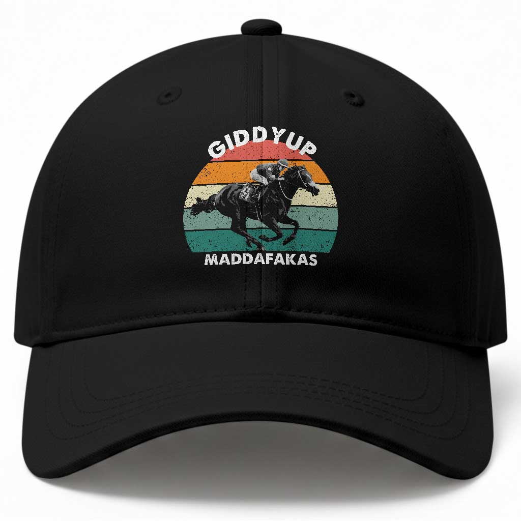 Giddy Up Madafakas Retro Sunset Horse Racing Baseball Cap Funny Sarcastic Equestrian Jockey Vintage 70s
