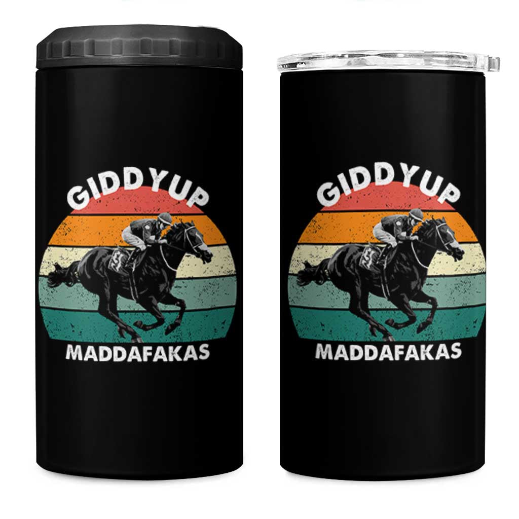 Giddy Up Madafakas Retro Sunset Horse Racing 4 in 1 Can Cooler Tumbler Funny Sarcastic Equestrian Jockey Vintage 70s