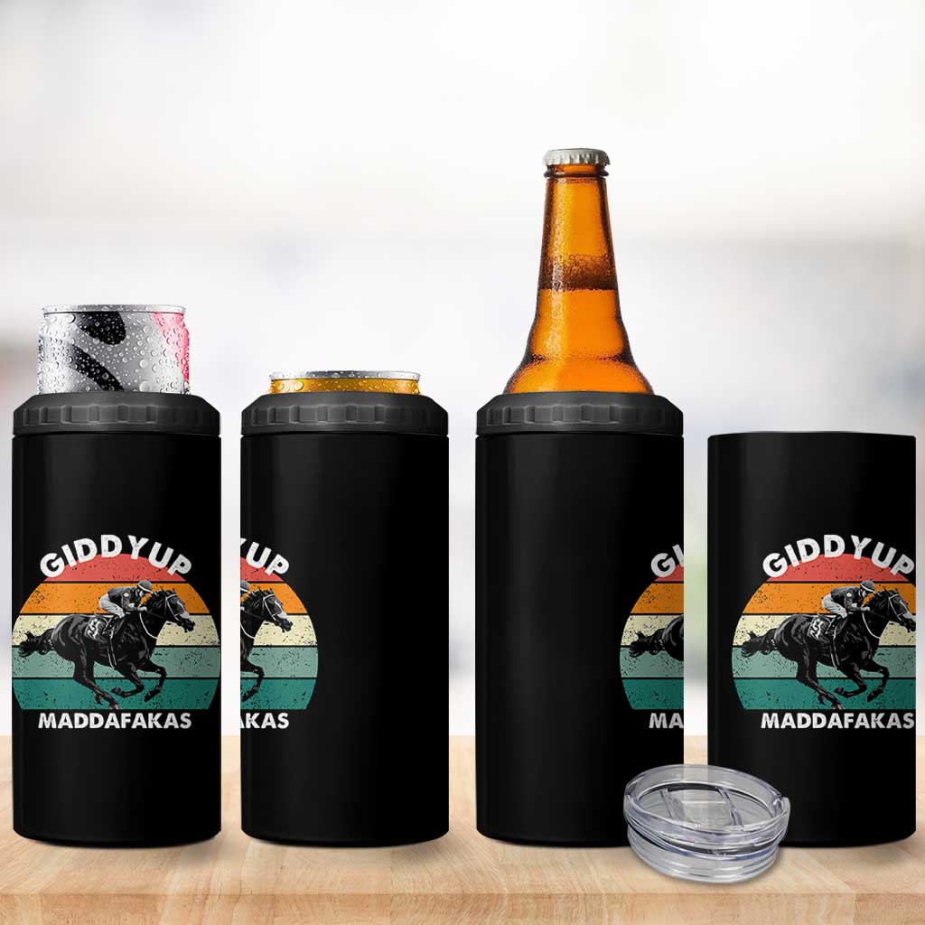 Giddy Up Madafakas Retro Sunset Horse Racing 4 in 1 Can Cooler Tumbler Funny Sarcastic Equestrian Jockey Vintage 70s