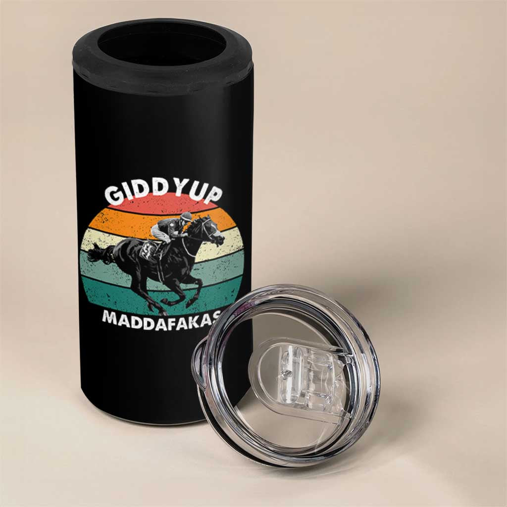 Giddy Up Madafakas Retro Sunset Horse Racing 4 in 1 Can Cooler Tumbler Funny Sarcastic Equestrian Jockey Vintage 70s