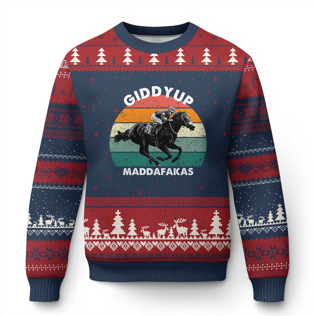 Giddy Up Madafakas Retro Sunset Horse Racing Ugly Christmas Sweater Funny Sarcastic Equestrian Jockey Vintage 70s