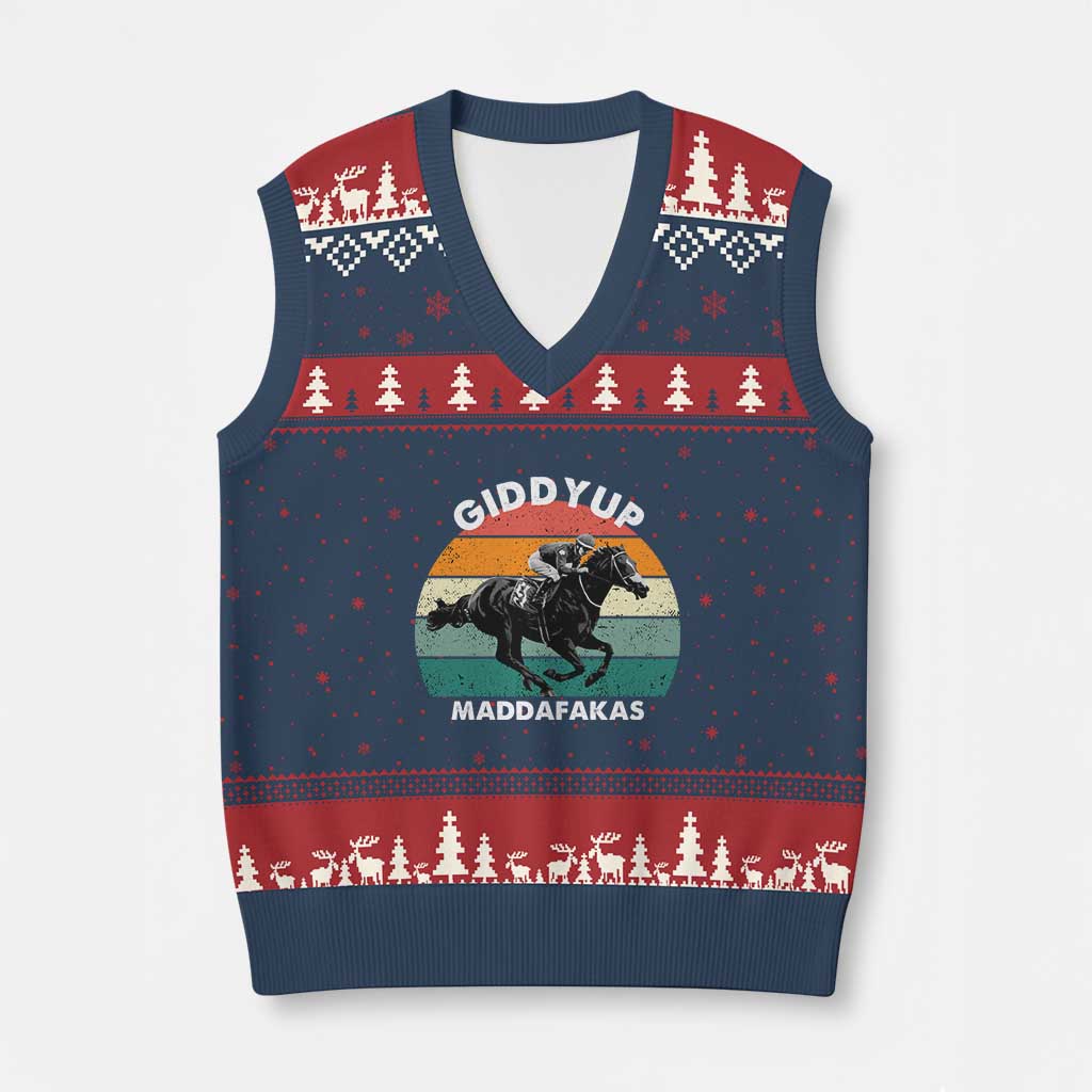 Giddy Up Madafakas Retro Sunset Horse Racing V-Neck Knit Sweater Vest Funny Sarcastic Equestrian Jockey Vintage 70s