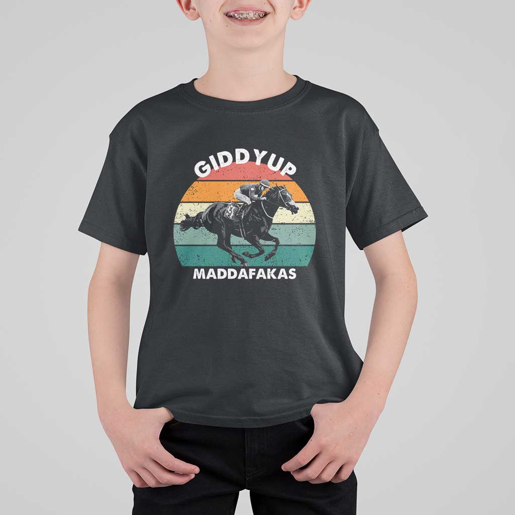 Giddy Up Madafakas Retro Sunset Horse Racing T Shirt For Kid Funny Sarcastic Equestrian Jockey Vintage 70s