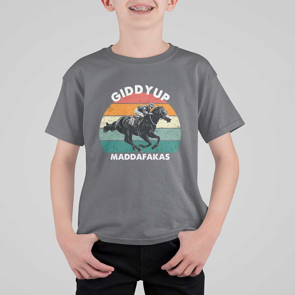Giddy Up Madafakas Retro Sunset Horse Racing T Shirt For Kid Funny Sarcastic Equestrian Jockey Vintage 70s
