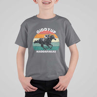 Giddy Up Madafakas Retro Sunset Horse Racing T Shirt For Kid Funny Sarcastic Equestrian Jockey Vintage 70s