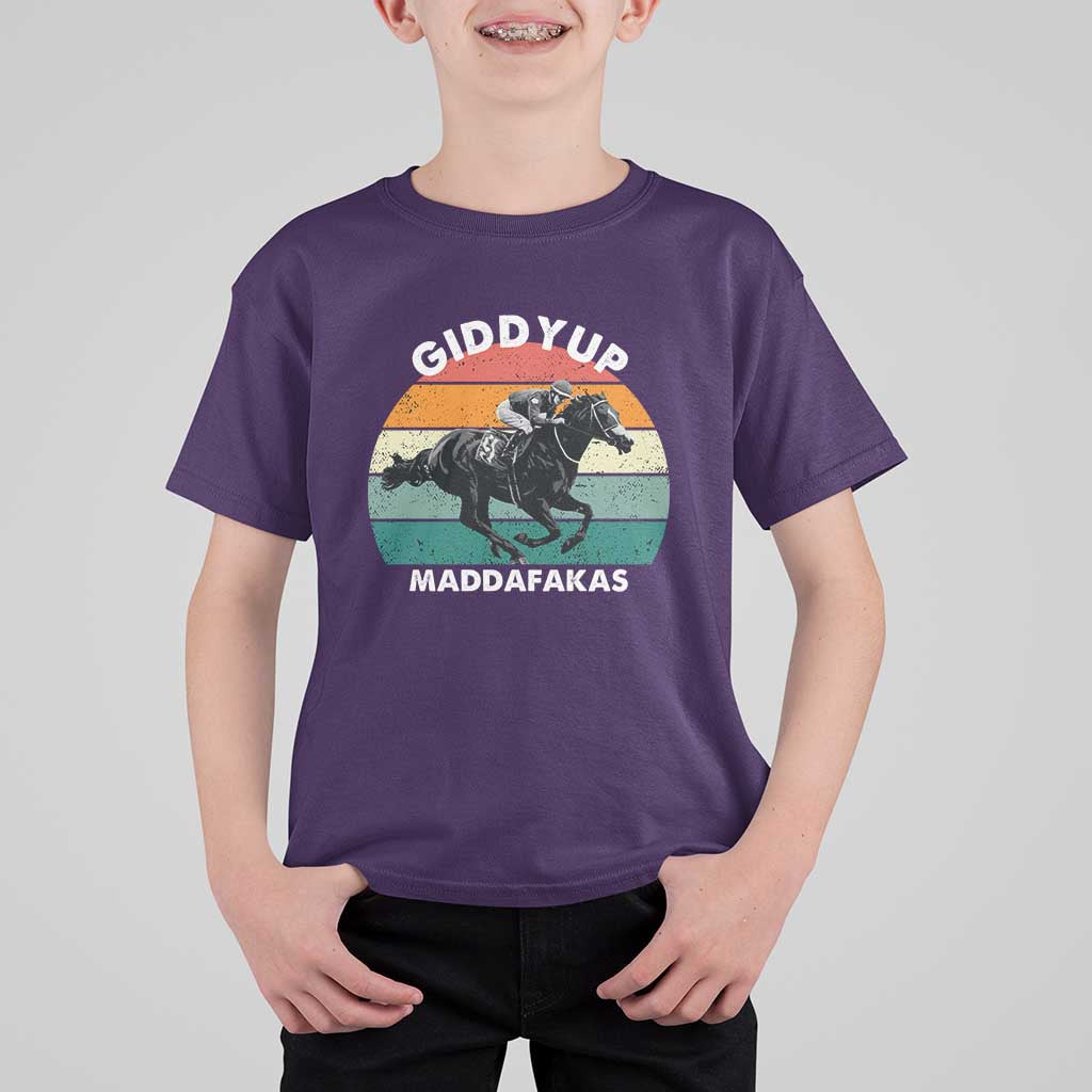 Giddy Up Madafakas Retro Sunset Horse Racing T Shirt For Kid Funny Sarcastic Equestrian Jockey Vintage 70s