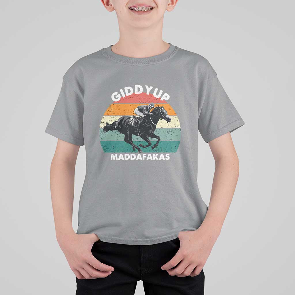 Giddy Up Madafakas Retro Sunset Horse Racing T Shirt For Kid Funny Sarcastic Equestrian Jockey Vintage 70s