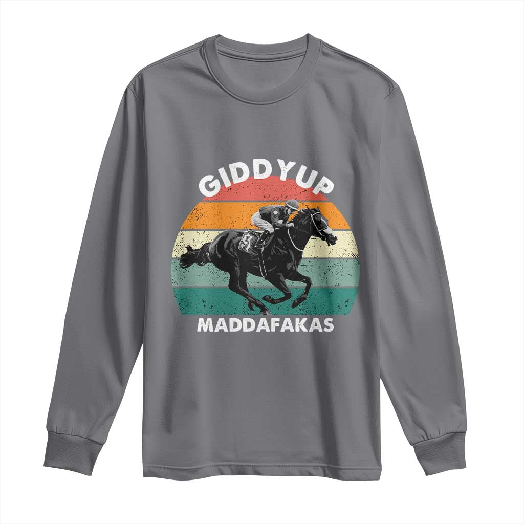 Giddy Up Madafakas Retro Sunset Horse Racing Long Sleeve Shirt Funny Sarcastic Equestrian Jockey Vintage 70s