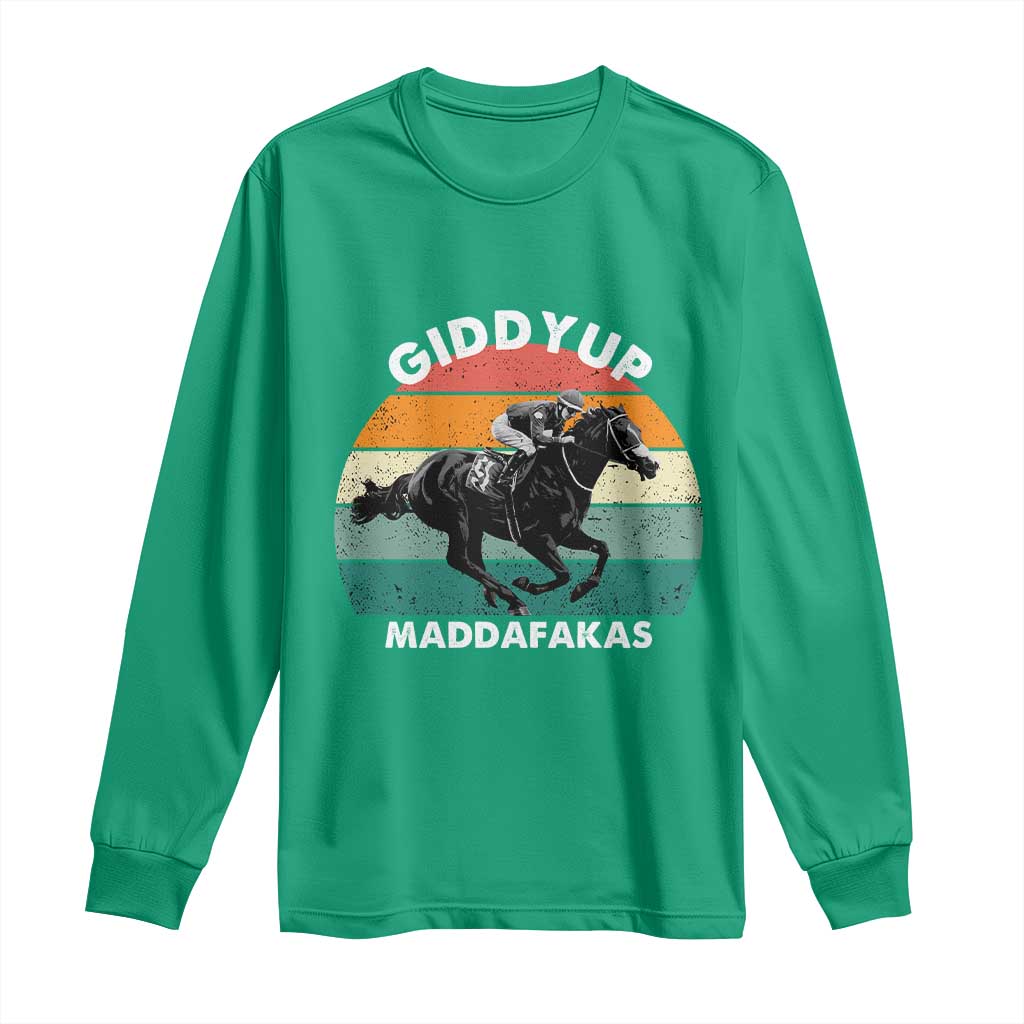 Giddy Up Madafakas Retro Sunset Horse Racing Long Sleeve Shirt Funny Sarcastic Equestrian Jockey Vintage 70s