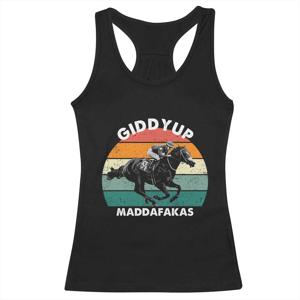 Giddy Up Madafakas Retro Sunset Horse Racing Racerback Tank Top Funny Sarcastic Equestrian Jockey Vintage 70s