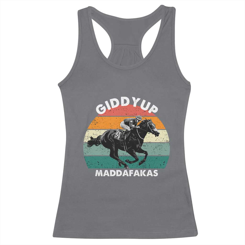 Giddy Up Madafakas Retro Sunset Horse Racing Racerback Tank Top Funny Sarcastic Equestrian Jockey Vintage 70s
