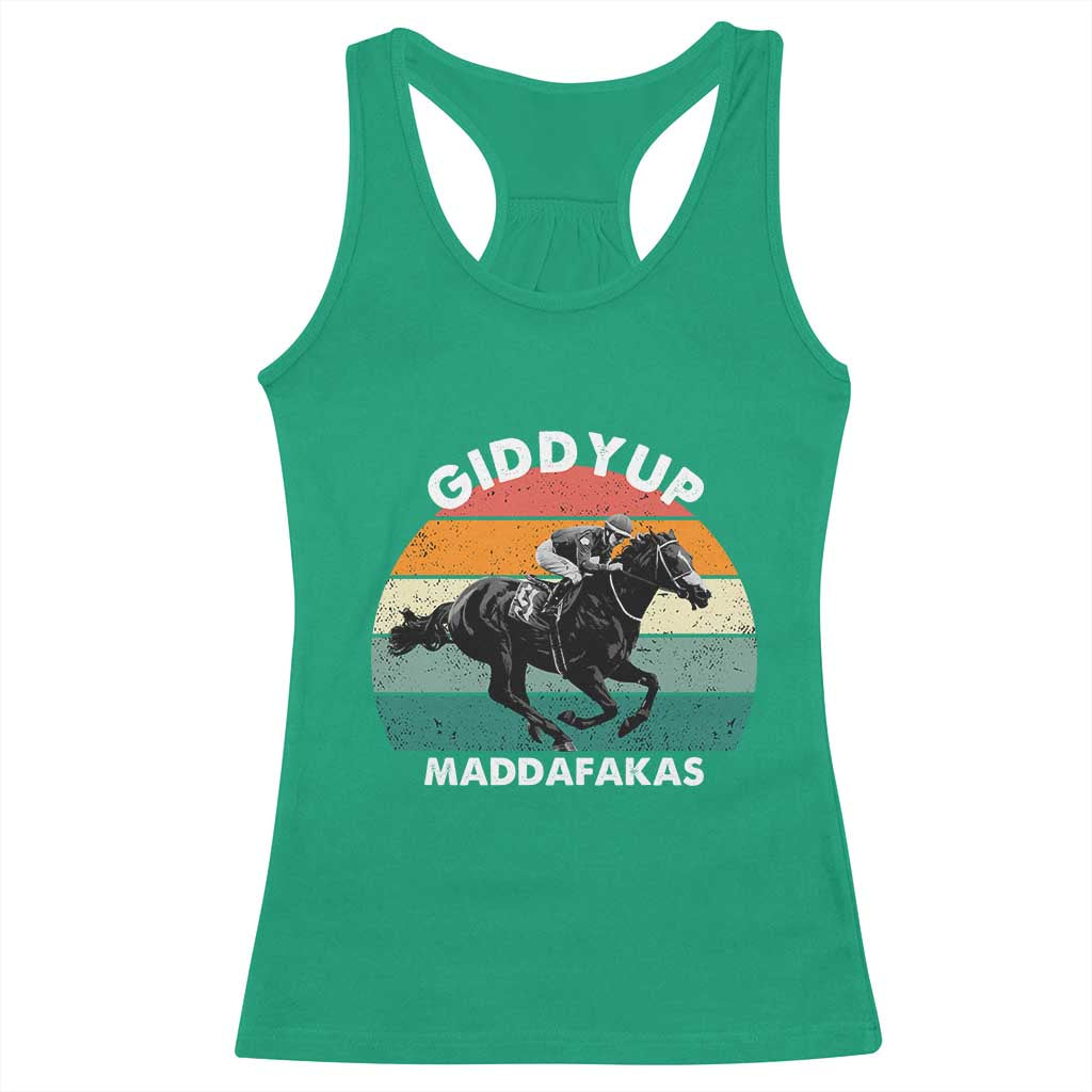 Giddy Up Madafakas Retro Sunset Horse Racing Racerback Tank Top Funny Sarcastic Equestrian Jockey Vintage 70s