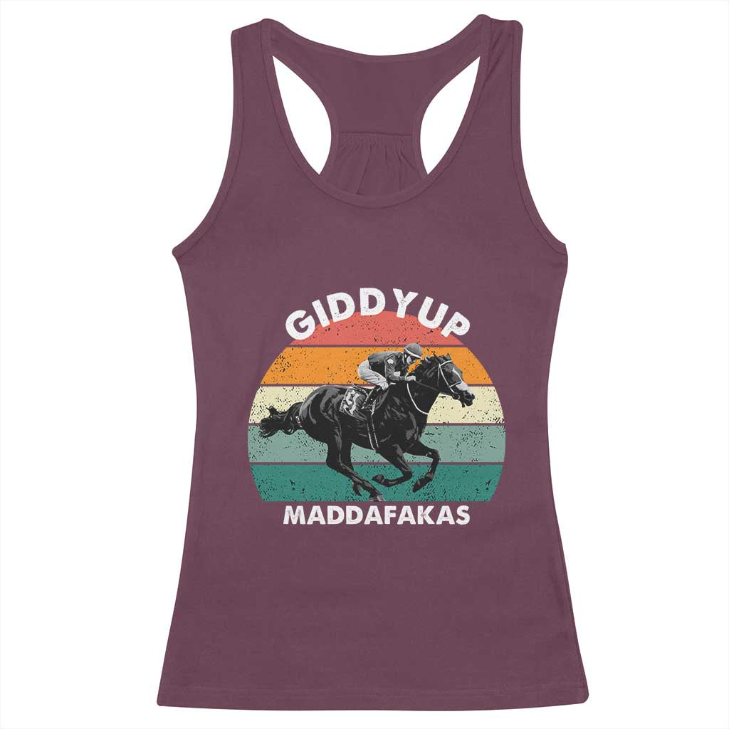 Giddy Up Madafakas Retro Sunset Horse Racing Racerback Tank Top Funny Sarcastic Equestrian Jockey Vintage 70s