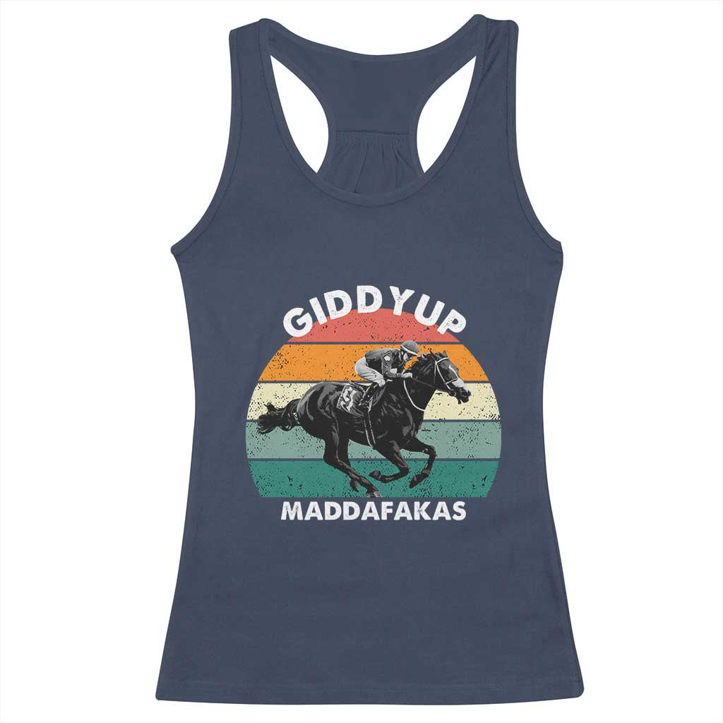 Giddy Up Madafakas Retro Sunset Horse Racing Racerback Tank Top Funny Sarcastic Equestrian Jockey Vintage 70s