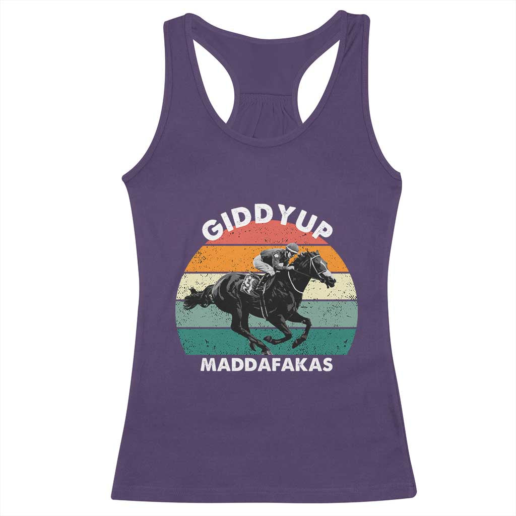 Giddy Up Madafakas Retro Sunset Horse Racing Racerback Tank Top Funny Sarcastic Equestrian Jockey Vintage 70s