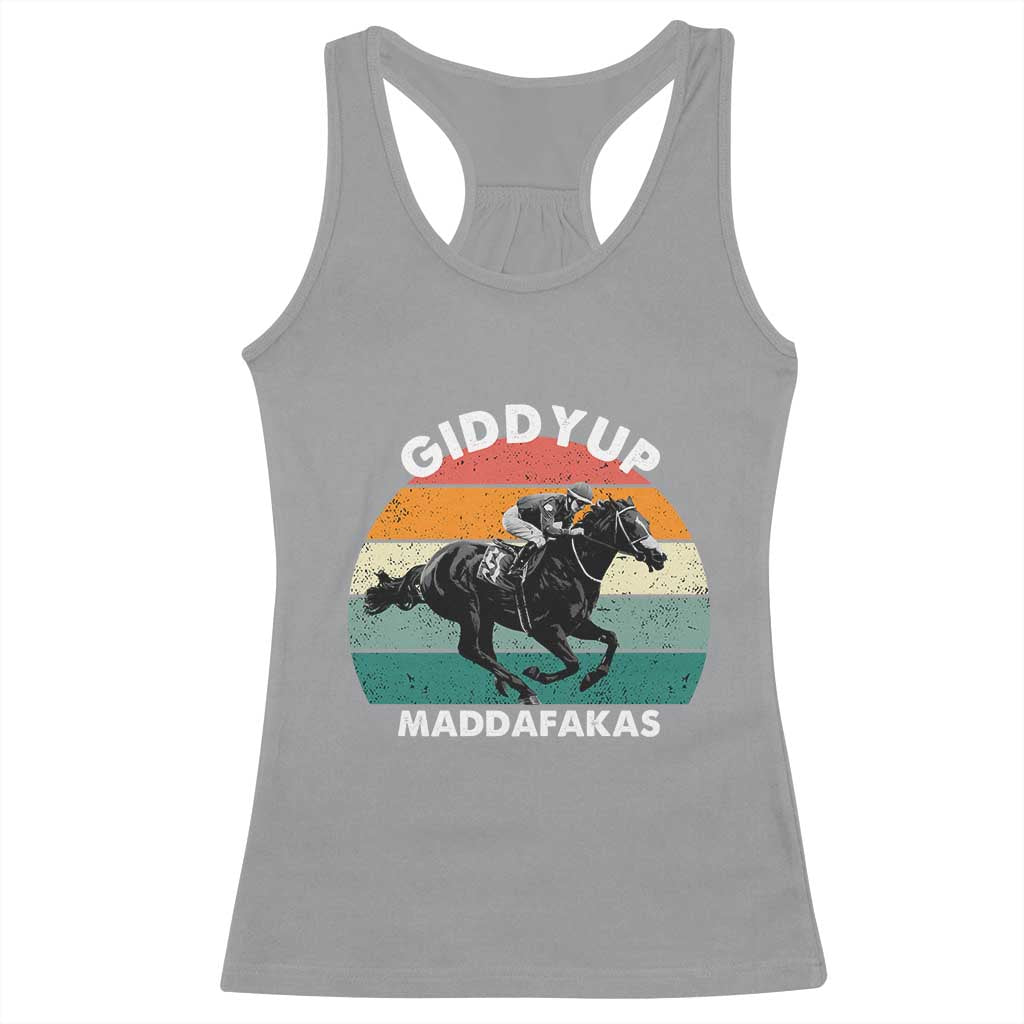 Giddy Up Madafakas Retro Sunset Horse Racing Racerback Tank Top Funny Sarcastic Equestrian Jockey Vintage 70s
